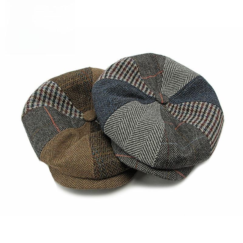 Men's Patchwork Woolen Newsboy Cap Retro British Herringbone Tweed Octagonal Hat Autumn Winter Warm Baker Boy Cabbie Hat