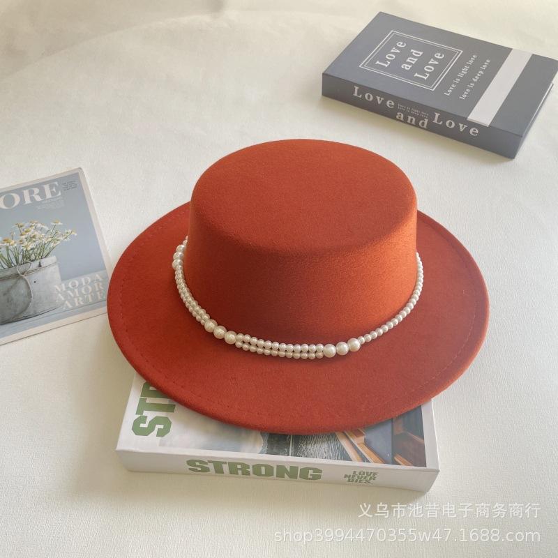Pearl Chain Flat Top Top Hat Women's Autumn and Winter Warm Woolen Felt Hat Celebrity Retro British Small Fragrant Shopping Fashion Hat