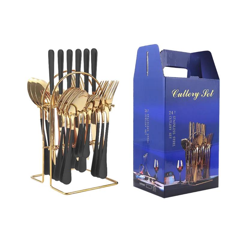 24pcs Luxury Dinnerware Sets with Holder Stainless Steel Fork Spoon Knife Business Gift Box Cutlery Rack Home Flatware Tableware