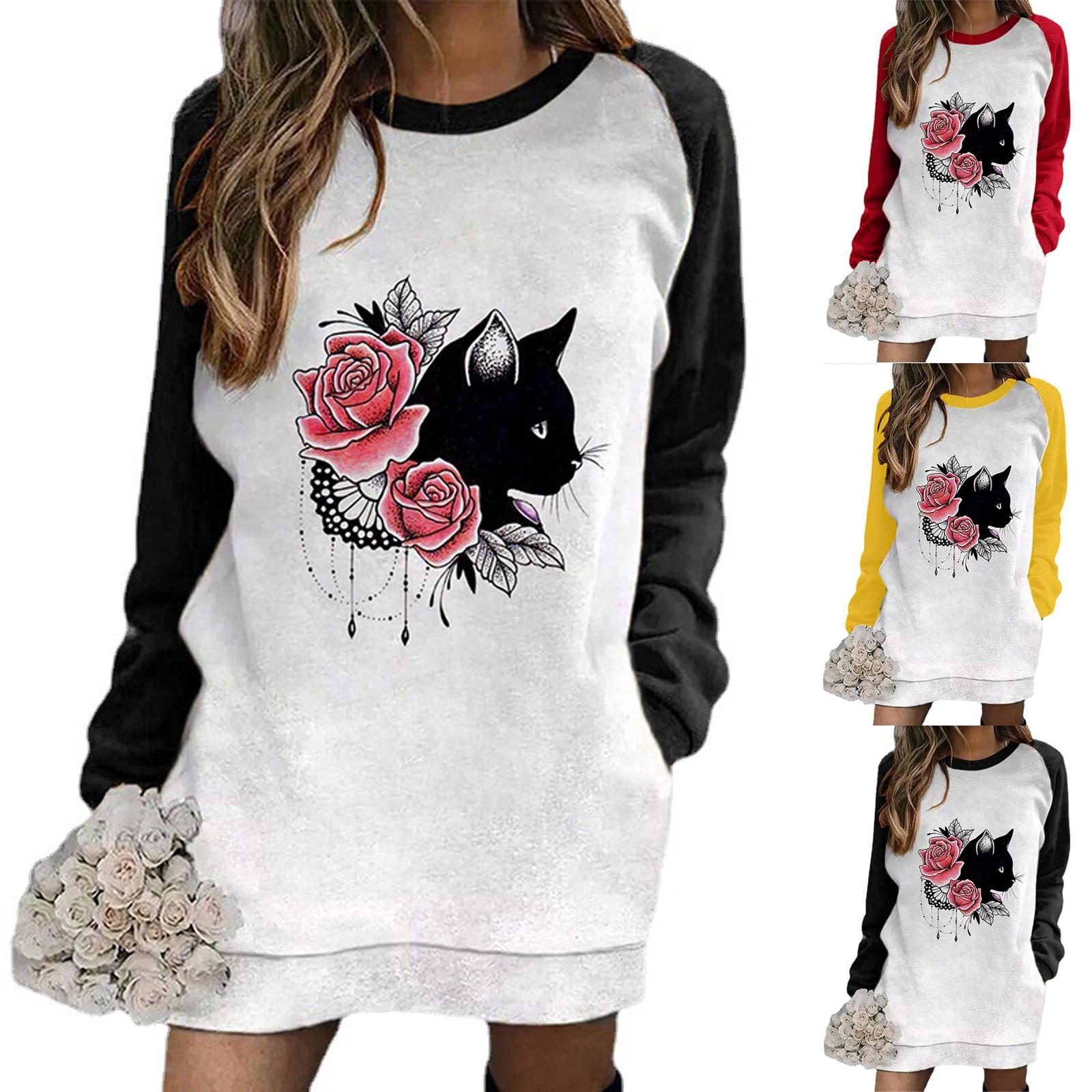 

Женский пуловер с карманами и цветными блоками, толстовки с длинным рукавом и принтом кота, повседневное платье