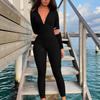 Tuta da donna a maniche lunghe con zip sul colletto, aderente, a vita alta, in maglia a coste, unitard casual sportivo