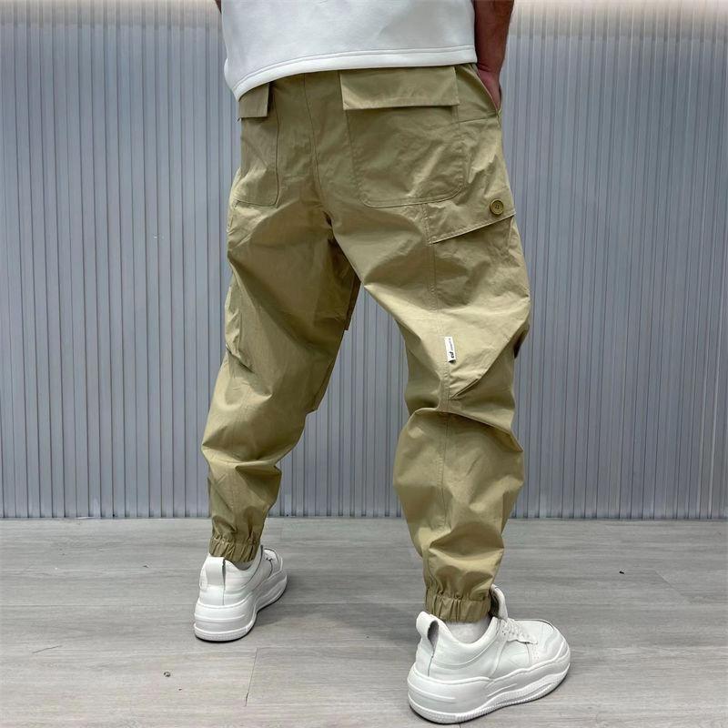 Pantaloni Cargo Larghi con Coulisse Uomo Trend Vintage Streetwear Estivi Casual Tinta Unita Tasche Larghi Harem
