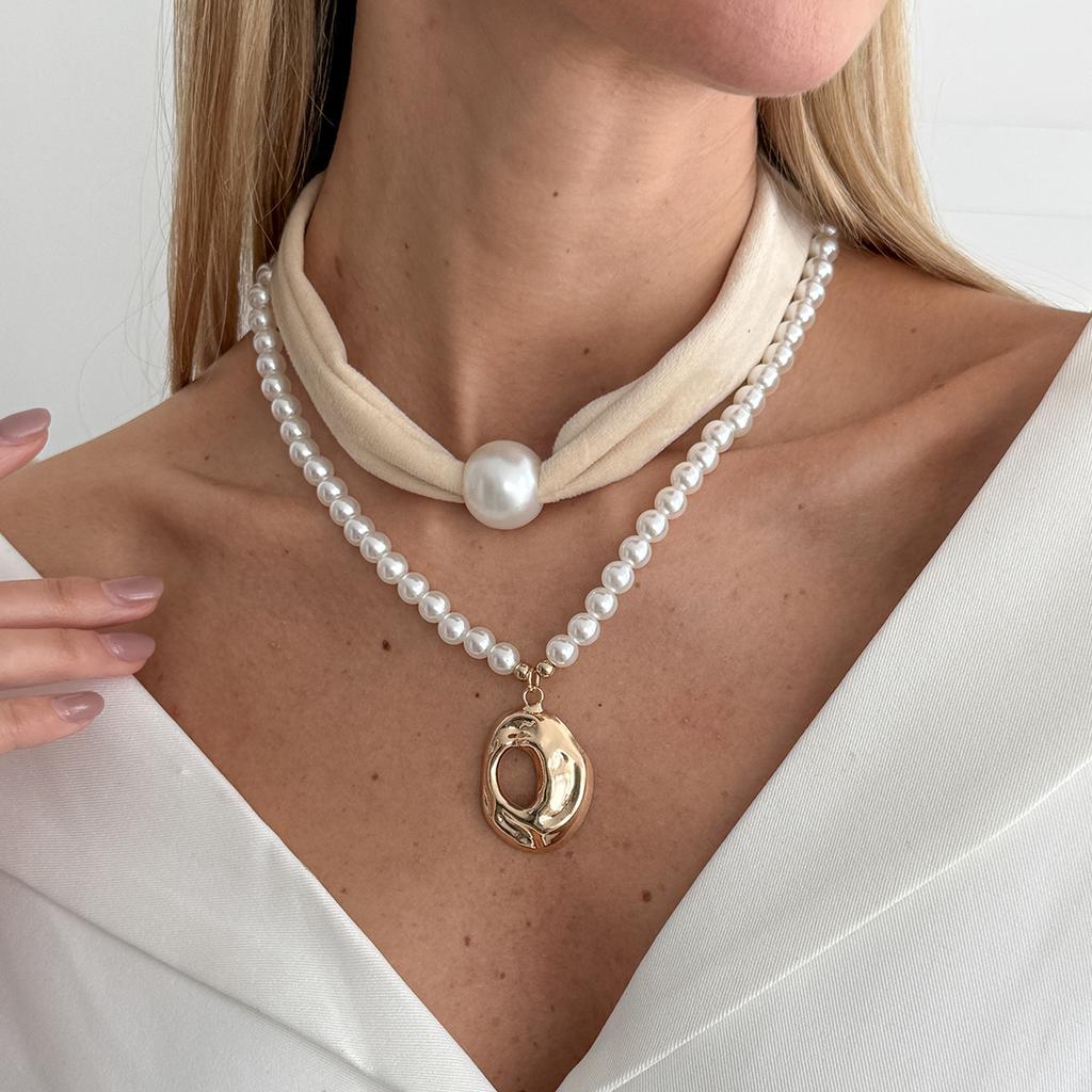 Vintage Leopard Print Flannel Imitation Pearl Stacked Necklace, Geometric Liquid Metal Pendant Collarbone Necklace