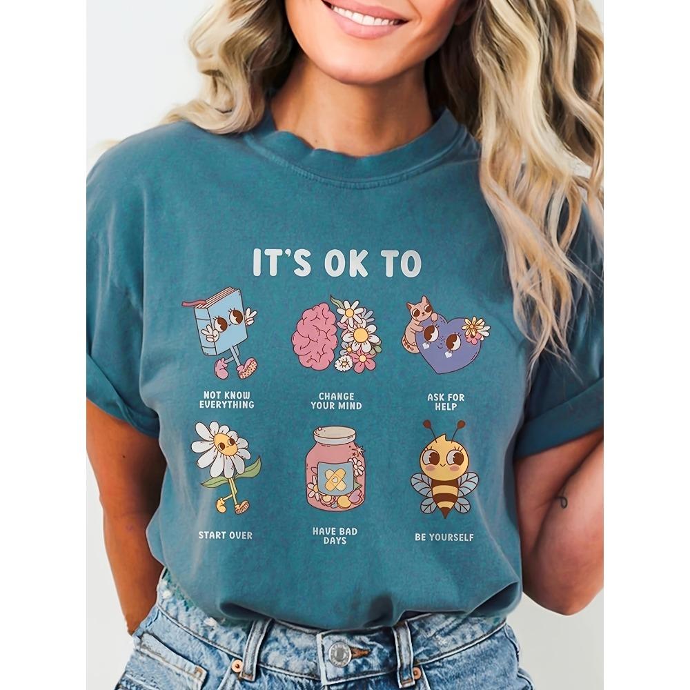 It s Ok To Women s Tee - Mental Health Awareness Graphic, Casual Teal Top M