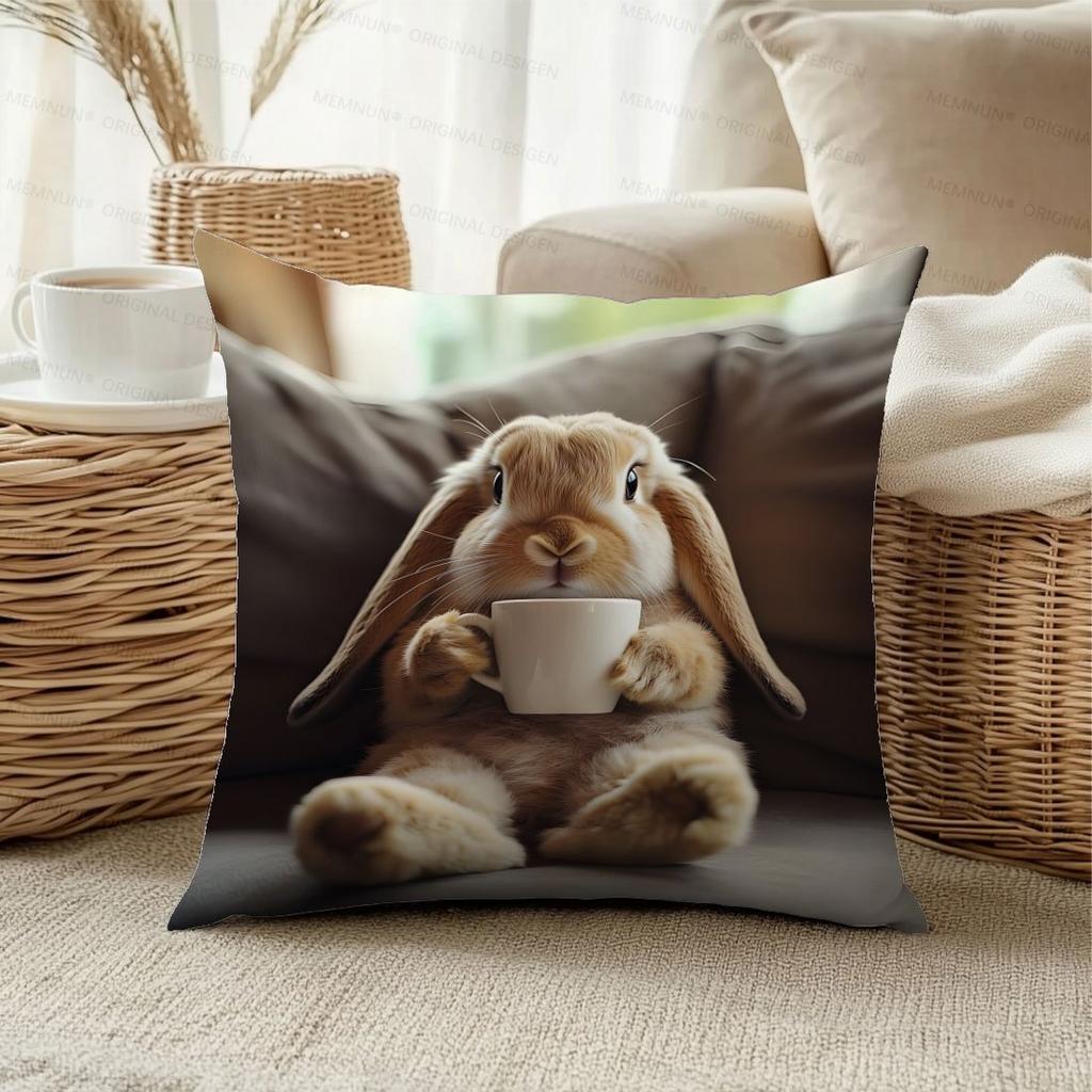 1Pc Lop-Eared Rabbit Holding Cup Printed Throw Pillow Cover, Suitable For Sofa,Bedroom,Living Room,A Fun Gift For Animal Lovers.