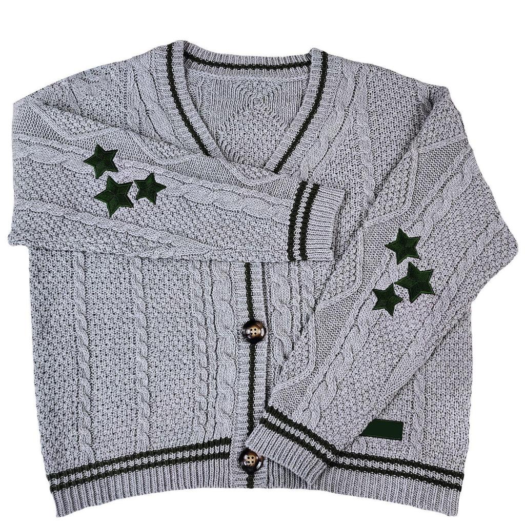 Podzimní a zimní svetr Hvězdná výšivka Pletený zapínání na knoflíky Oversized svetr jednořadý Dámský unisex svetr