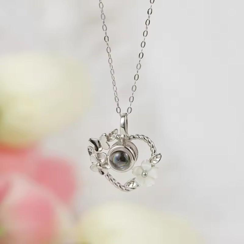 Flower Pendant Valentine sDay Jewelry 925 Silver Projection Necklace Customized Photo Necklace Heart shaped Silver Necklace 35cm медный