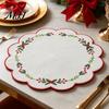 Soft Thick Table Protectors Christmas Scalloped Embroidered Placemat, 15 Inch Cloth Place Mat with Holly Berries Reusable Holiday Dining Accessories