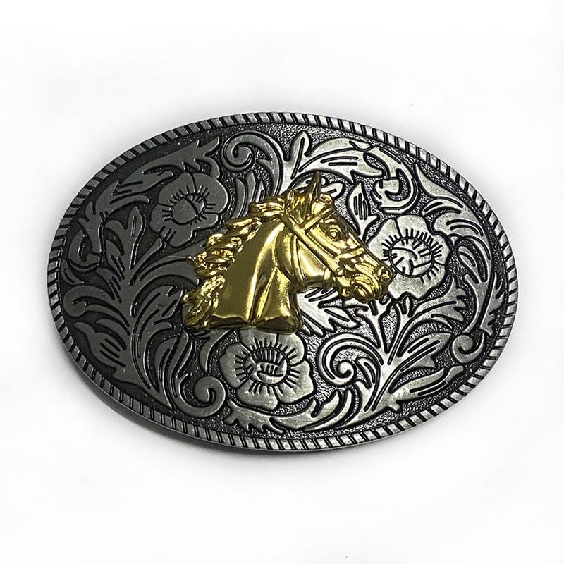 Patterned Horse Head Cowboy Higanbana Ethnic Oval Alloy Belt Buckle