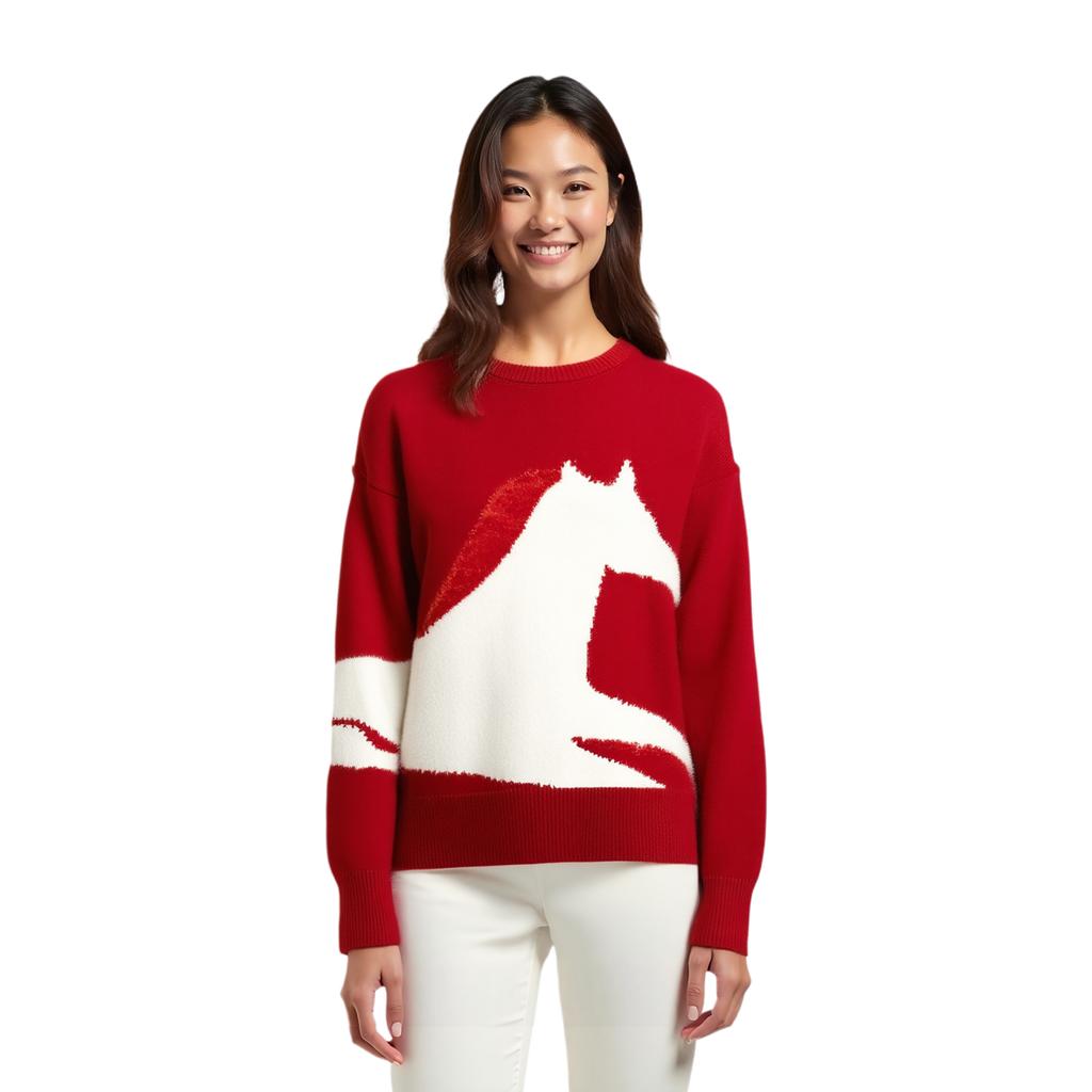 ELLE French Color Block Fashion Design Pony Embroidery Pullover Casual Versatile Long Sleeve Sweater Women Sweater EM63634