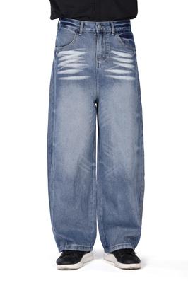 KO ZOON Men's Wide Denim Barrel Leg Jeans, Open Front, Washed, Street Casual, K53 (JP, Alphabet, XL, Blue)