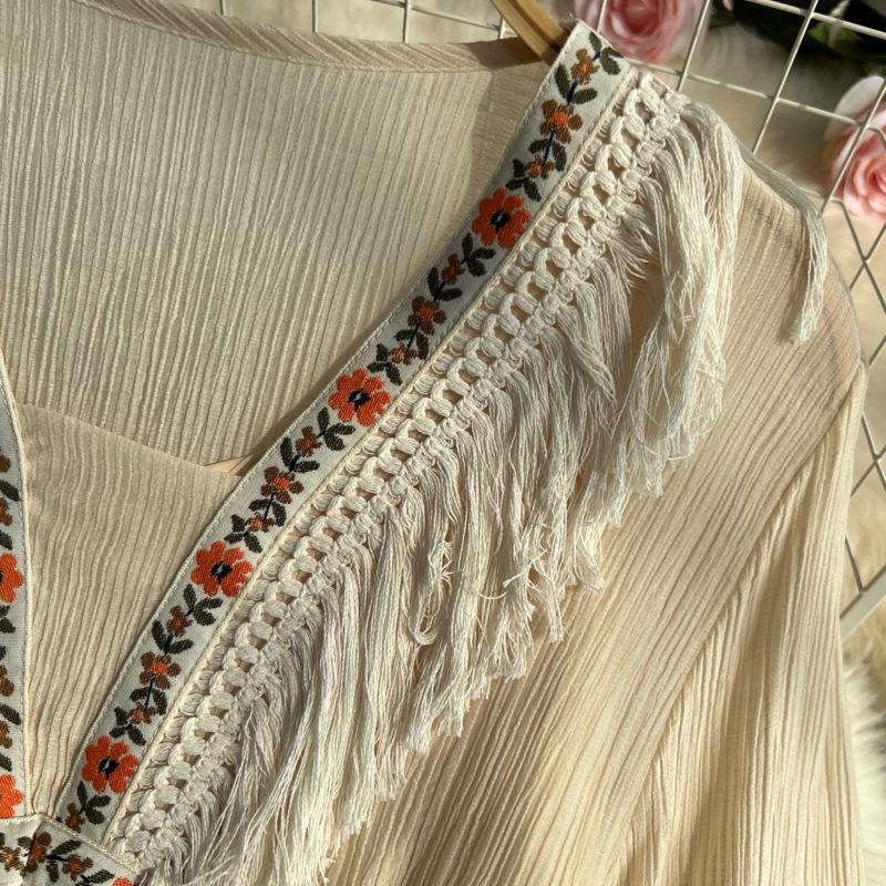 Vintage Lange Kleider Frauen Sommer V-Ausschnitt Halbarm Quaste Patchwork A-Linie Hohe Taille Spitzenkleid