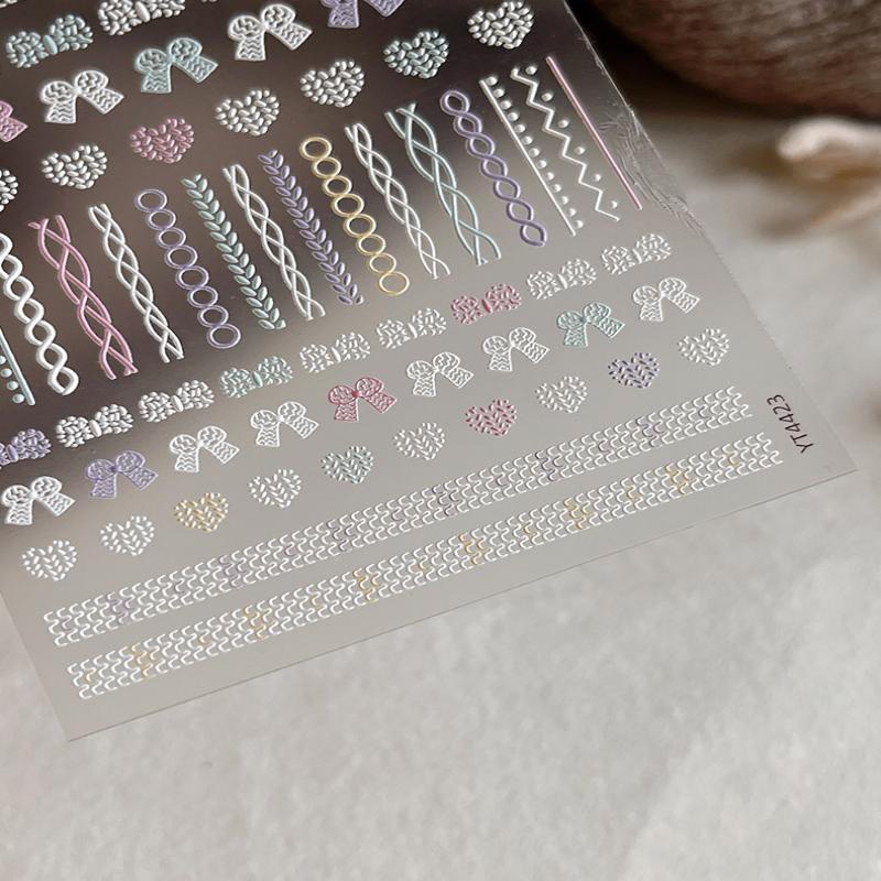 Embossed Knitting Bow Nail Stickers Love Heart Bow Self Adhesive Nail Art Decorations Decals Accessory