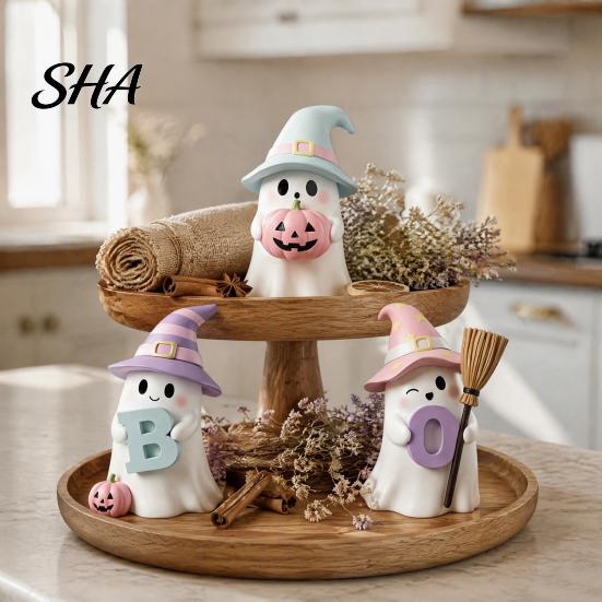 Resin Ghost Ornament Halloween Figurine, Spooky Cute Statue, Funny Creepy Retro Style Decor Tabletop for Home Shelf Party Haunted House Unique