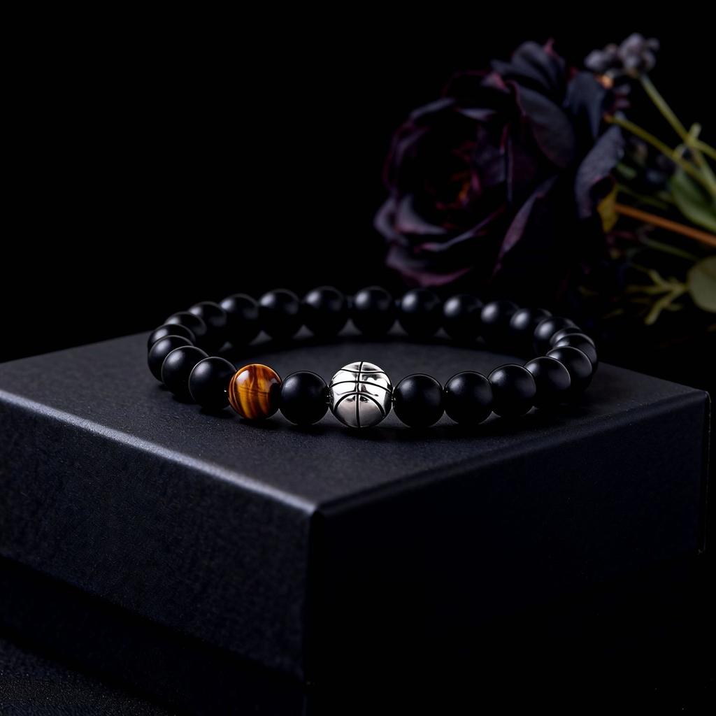 Festive Gifts Matte Black Onyx Tiger Eye Basketball Charm Beaded Bracelet Sporty Fashion Jewelry For Men Daily Wear Gift