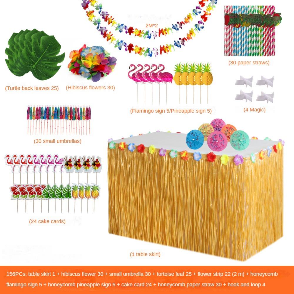 156PCS Table Skirt Package Hawaii Tassel Table Surround Simulation Turtle Back Leaf Festival Party Atmosphere Table Decoration