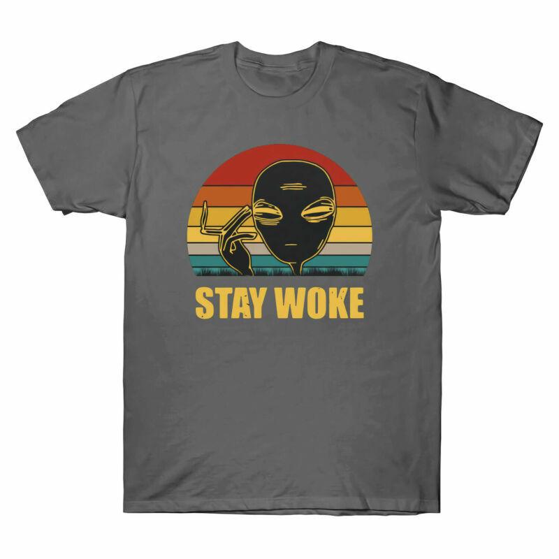 Unisexs Graphic T Short Alien Tee Woke Stay Shirt Funny Vintage Sleeve Smoke Retro