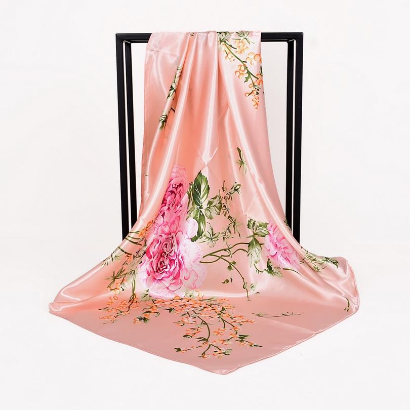 [BYSIFA] Navy Blue Chinese Roses Large Square Scarves New Female Elegant Large Silk Scarf Fashion Ladies Accessories 90*90cm