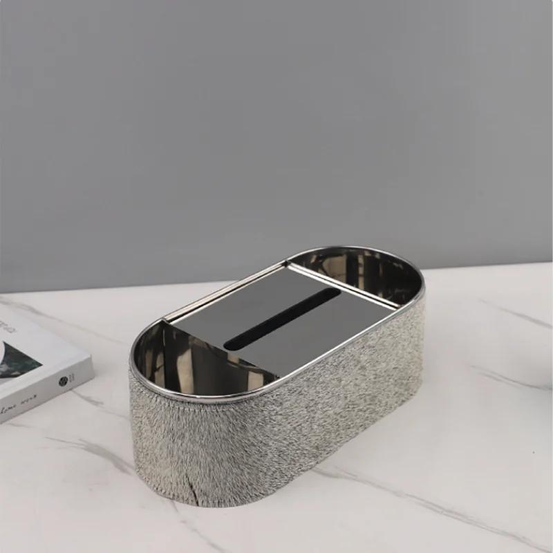 Metal Imitation Horsehair Leather Tissue Box, Stainless Steel Paper Box, Home Decoration, Kitchen Tissue Storage Container