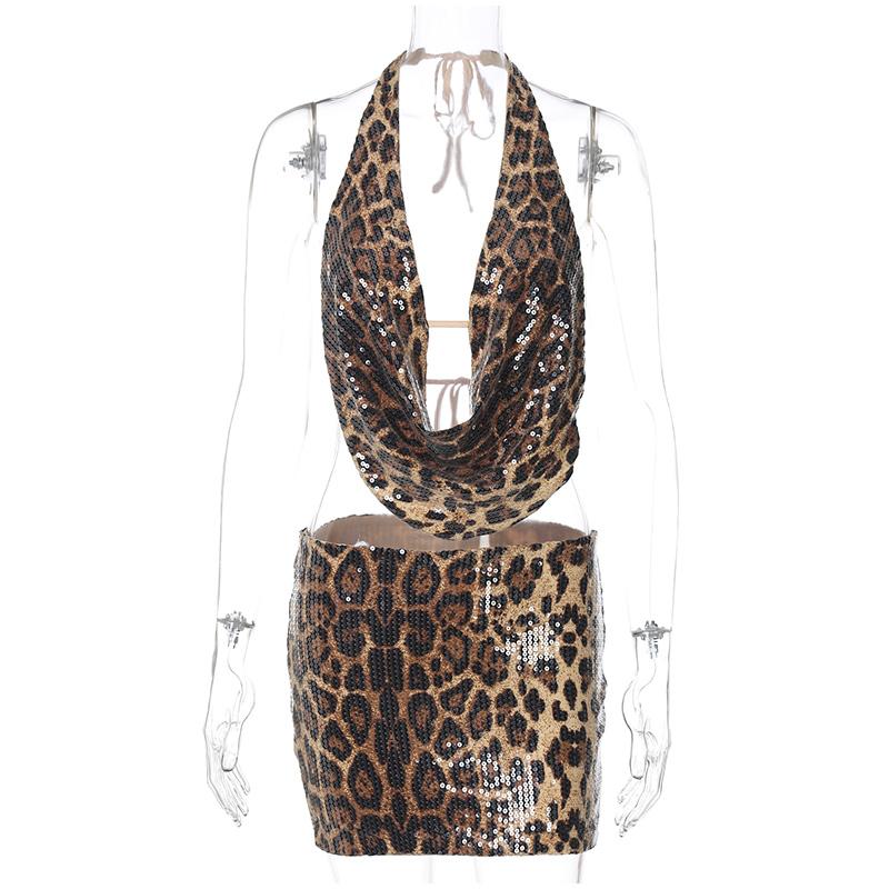 

2025 Новый леопардовый принт с пайетками на спине топ с открытой бретелькой и мини-юбка из двух предметов женский сексуальный выходной клубный наряд костюмы для ночного клуба M цветной печати леопарда