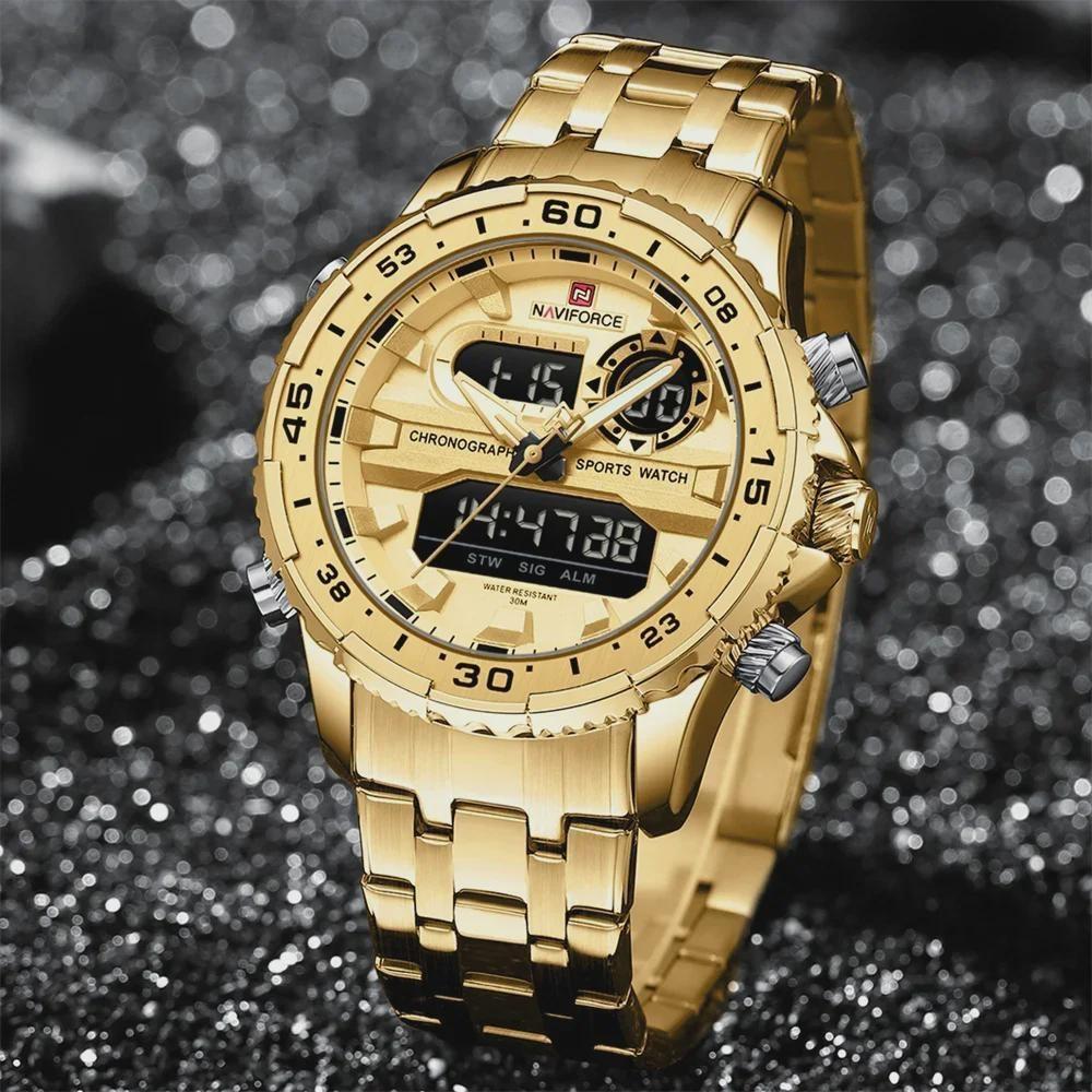 Fashion Golden Men Watch Multi-functional Quartz Wrist Watches Quartz Analog + LED Digital Movement Waterproof Steel Strap
