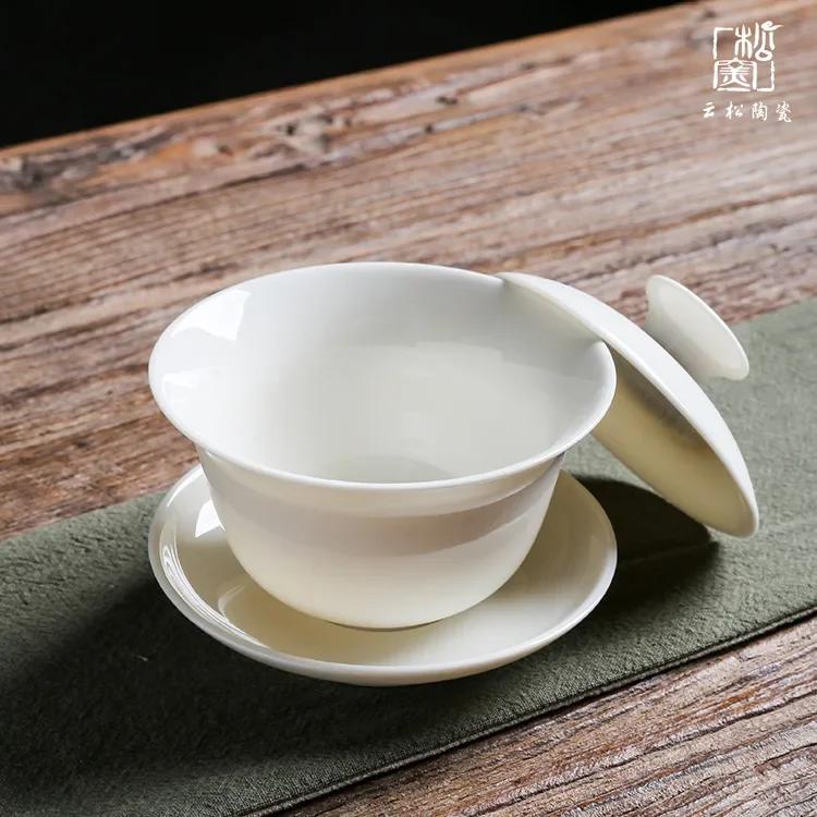 Ceramic Whiteware Cover Bowl Three-Force Tea Bowl Jade Porcelain Cover Cup Large Kung Fu Tea Set  Ceramic Gaiwan