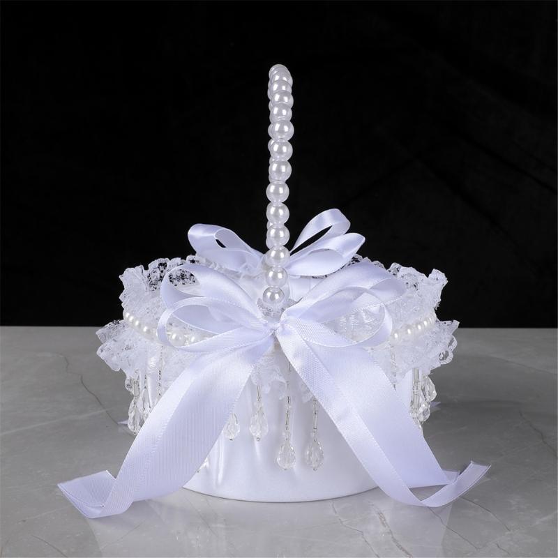 Elegant Crystal Pearls Tassels Basket For Wedding Party Decorations Handcrafted Floral Container With Silk Fabric