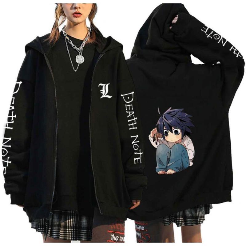 Japan Anime Death Note Lynlås Hættetrøjer Gotisk Herre Tegneserie Misa Amane L Ryuk-Grafik Streetwear Sort Fleece Lynlås Jakke Frakker