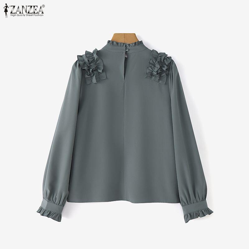 ZANZEA Blouse Décontractée Femme Col Montant Manches Longues Volants Épissure Ample