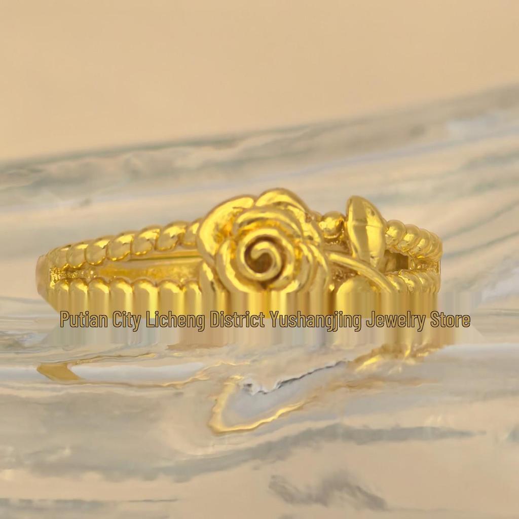Elegant Women's Gold-Plated Rose Flower Ring - Fashionable, Luxurious, and Sweet.