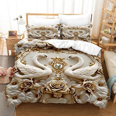 Luxury 3pcs Queen King Full Size Bedding Sets 3D Printed Swans For Couples Gifts Soft White Duvet Cover With 2 Pillowcases