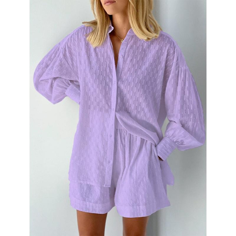 Casual Loose Women Short Two Piece Set Suit Fashion Blouse Long Sleeve Shirt Lady Simple Style Shorts Streetwear Blouse Tops