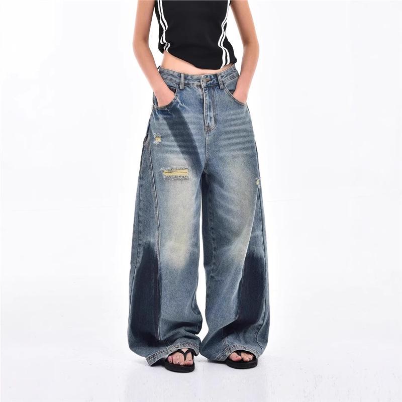 

Women s American Splatter Ripped Wide-Leg Jeans - Retro High Street Style, Loose Fit, Versatile Long Pants L синий