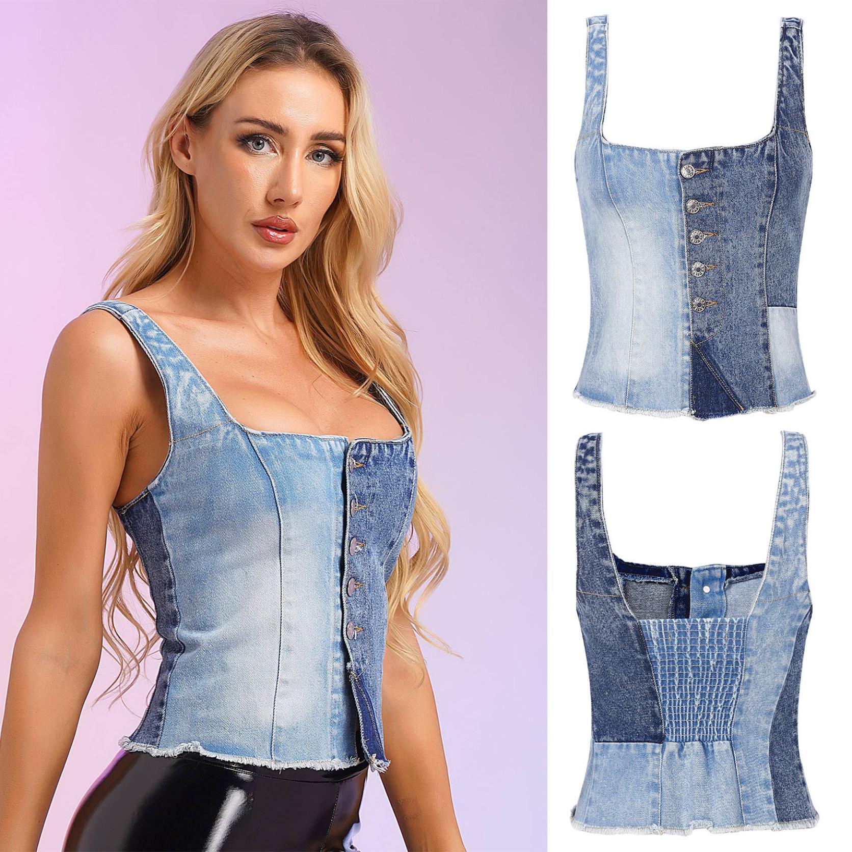 

Женский джинсовый комбинезон без рукавов, укороченный топ на бретельках, джинсовый жилет с необработанным краем, топы на бретельках, пуговицы спереди, лоскутный дизайн