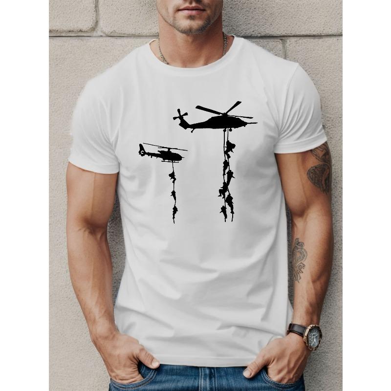 European Size Helicopter Print Crew Neck Comfortable Short-sleeve Shirt With Fashion Pattern Print, Suitable For Casual Daily Outdoor And Activities