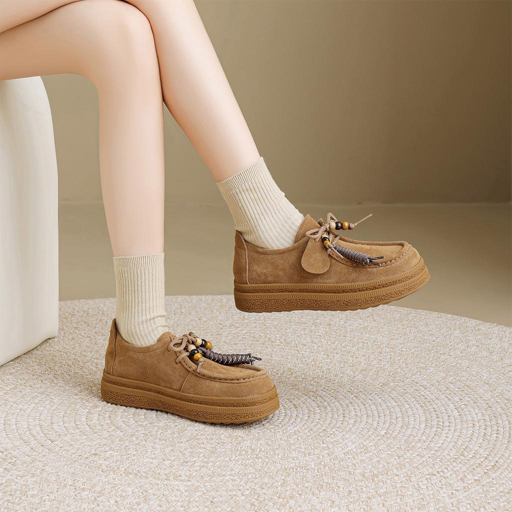 [Cow Anti Velvet] Thick soled Boken Shoes for Women 2025 Autumn New Vintage Beaded Height Increasing Casual Kangaroo Shoes