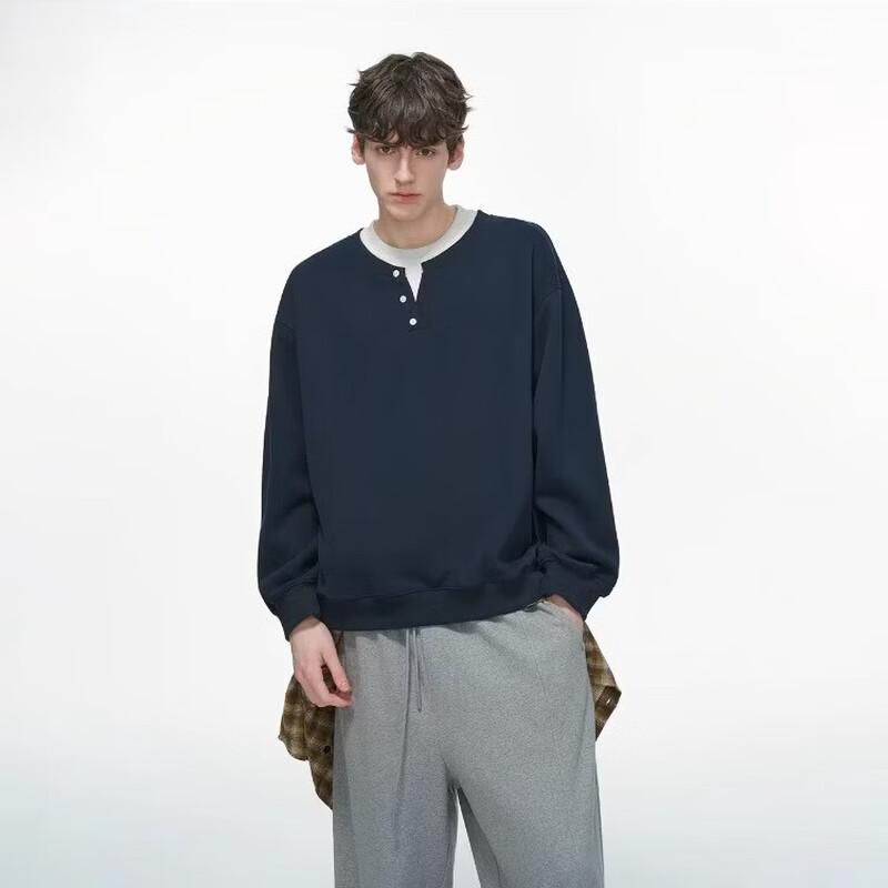 DREAM MADE Men s Heavyweight Faux Two-Piece Henley V-Neck Sweatshirt L