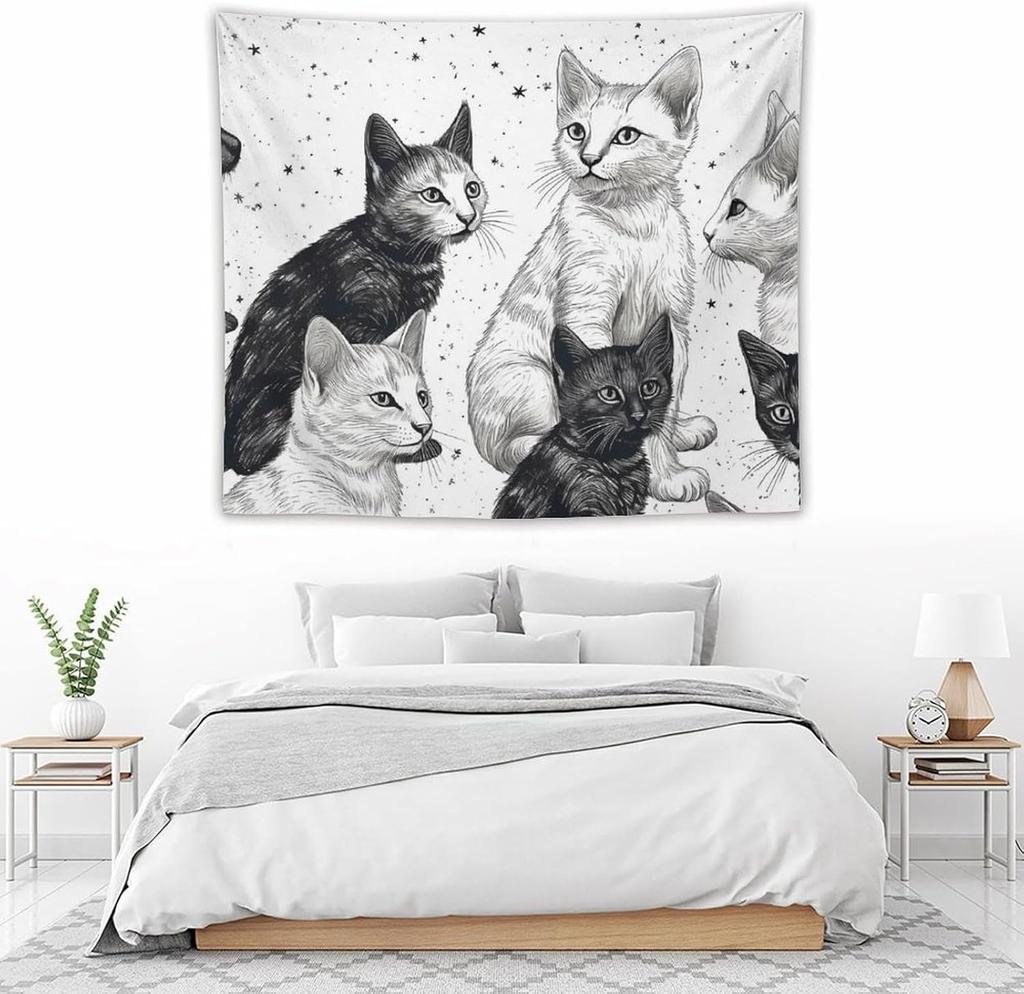 Wall Hanging Black And White Kitten Tapestry for Bedroom Vintage Tapestries Porch Hanging Background Wall Poster for Living Room