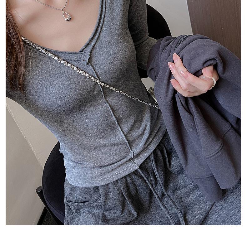 Premium Rolled-Edge V-Neck Slimming Long Sleeve Top for Women - Autumn/Winter