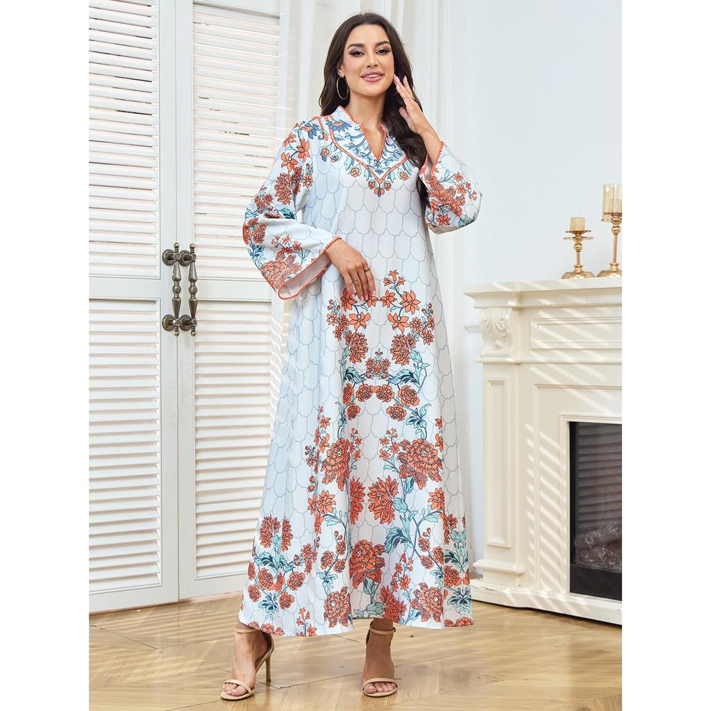 Casual Maxi Dress V-Neck Floral High-Def Print Loose Fit Multi-Size