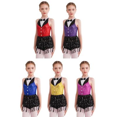 Latin Dance Costume Cha Cha Ballroom Dance Sequin Tassel Dress for Kids Girls