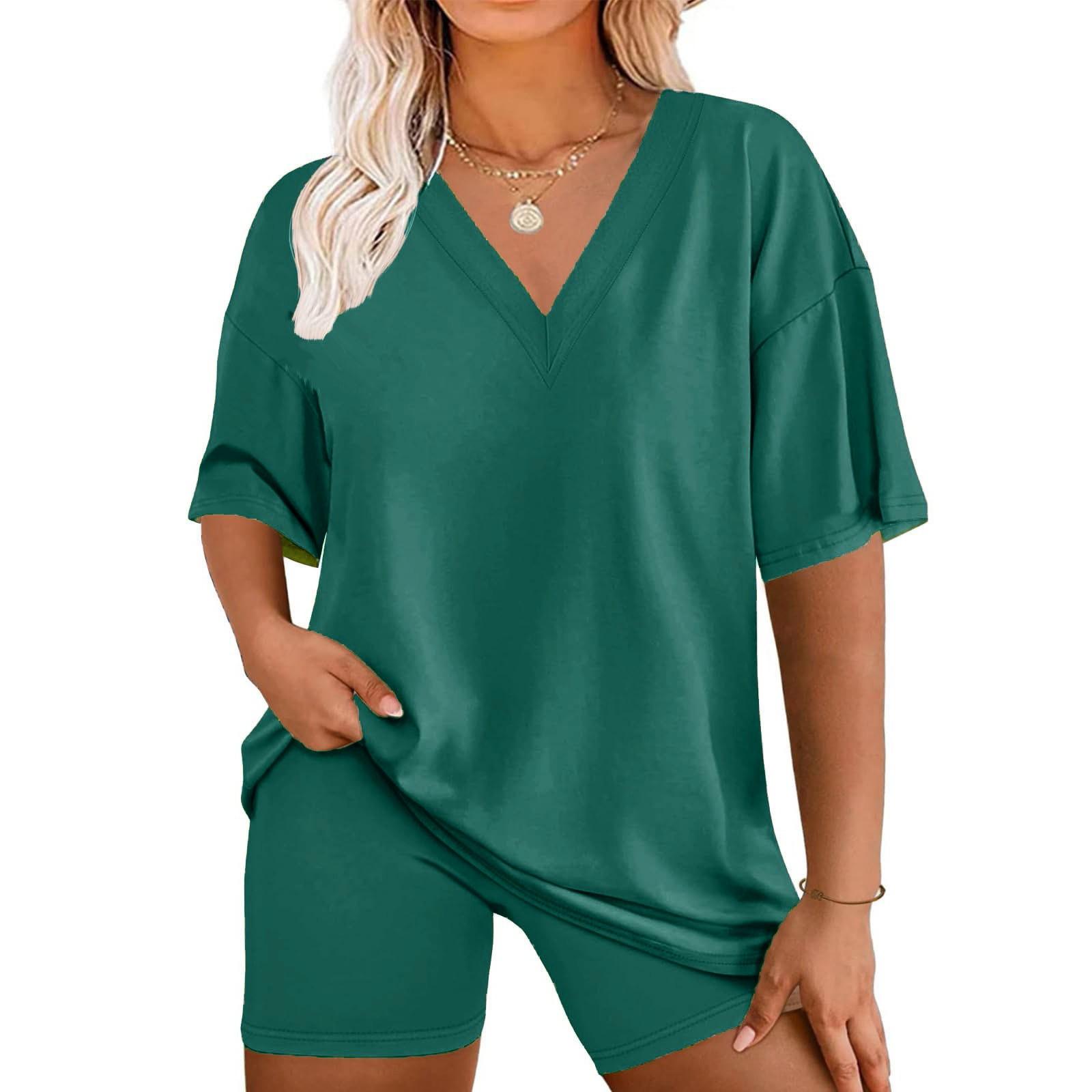 

Женский свободный модный однотонный топ с V-образным вырезом и короткими рукавами, шорты, комплект из двух предметов M зелёный