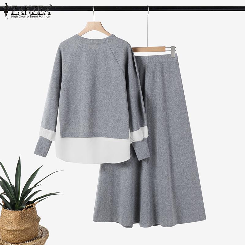 ZANZEA Damen Vintage Rundhalsausschnitt Fake Zweiteilige Langarmbluse Hosen Sets