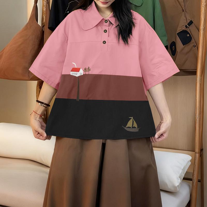 

ZANZEA Жіноча повсякденна блузка вільного крою з коротким рукавом та принтом, з відкладним коміром 2XL рожевий