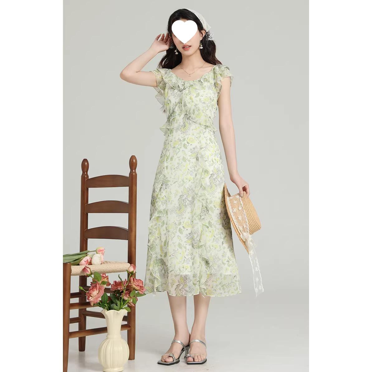 Women s French Floral Dreamcatcher Long Ruffle Collar Summer Dress 2026 M светло-зеленый