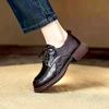 Top Grain Cowhide Women's Round Toe Lace-up Loafers - Autumn 2025 Luxury Hand-Grained Leather Shoes
