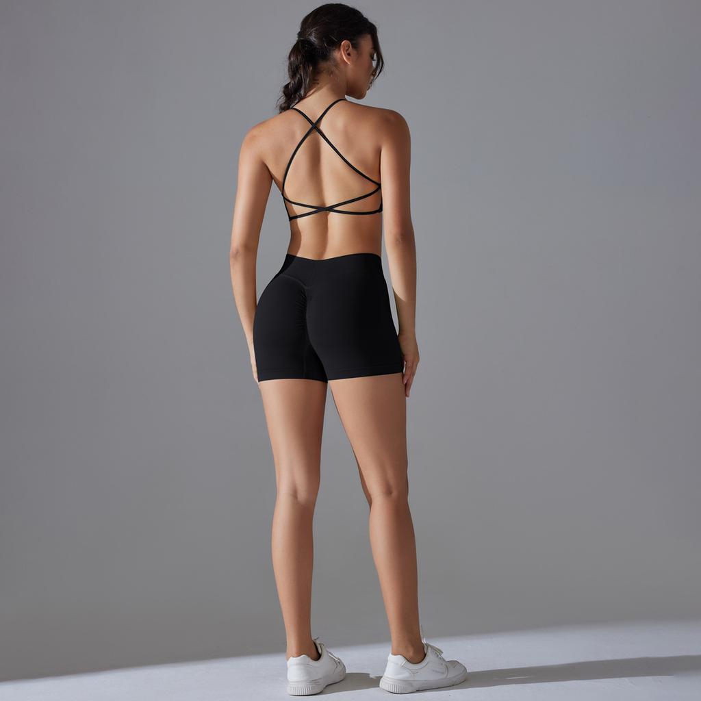 Seamless Solid Color Cross Beauty Back High Elastic Tight Sports Underwear Yoga Suit Running Fitness Two-piece Set