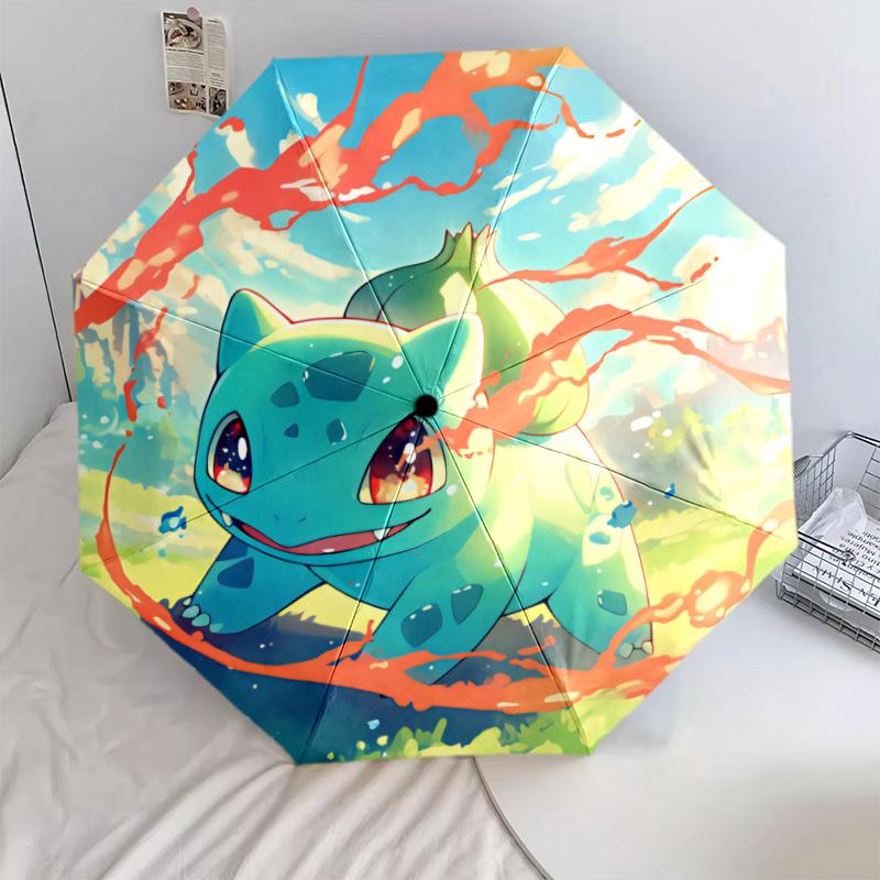Bulbasaur-Muster, automatisch faltbarer Regenschirm, tragbares und faltbares Design, 8 Speichen, ein Weihnachts- oder Geburtstagsgeschenk.