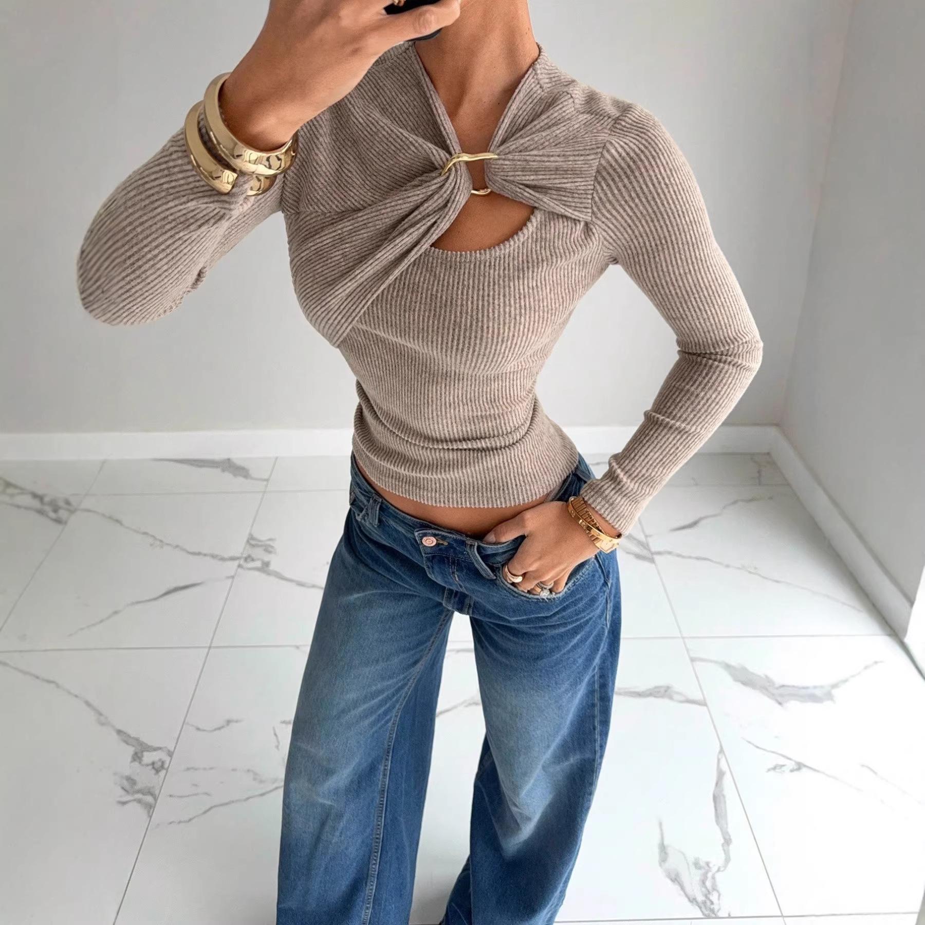 

Women s Asymmetrical Hollow Metal Buckle Long Sleeve T-shirt - Solid Color, Autumn/Winter Style XXL абрикосовий