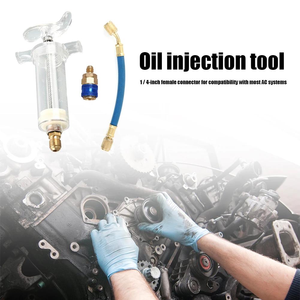 Car A/C Oil/Dye Injector 30Ml 1Oz with Low Side Quick Coupler Adapter 1/4 Air Conditioning Automotive Oiler Injection Syringe